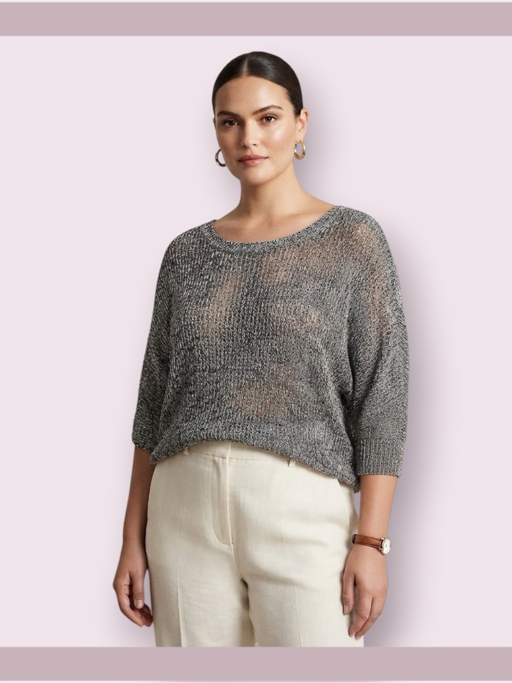 Eileen Fisher Open Knit Linen Wool Scoop Neck Sweater